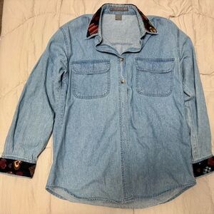 Upper West Side Denim Button-Up Shirt with Patterned Collar 100% Cotton